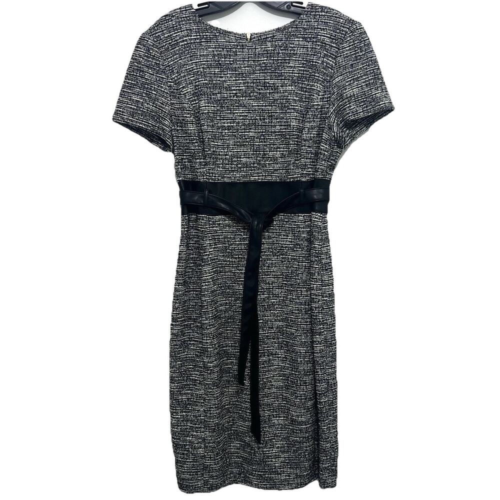 Calvin Klein Women’s Sz 12 Black White Tweed Belted Career Sheath Dress Gold Zip